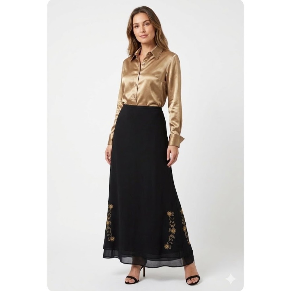 Joseph Ribkoff Skirt Set Women 10 Bronze Black Satin Embroidered Maxi Coord